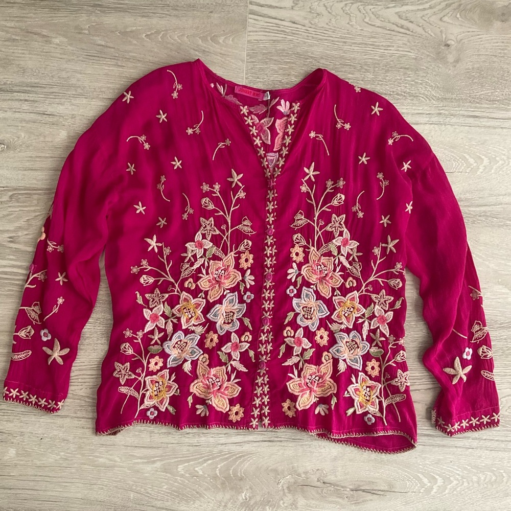 Embroidered Floral Open-Front Women's Top - Magenta